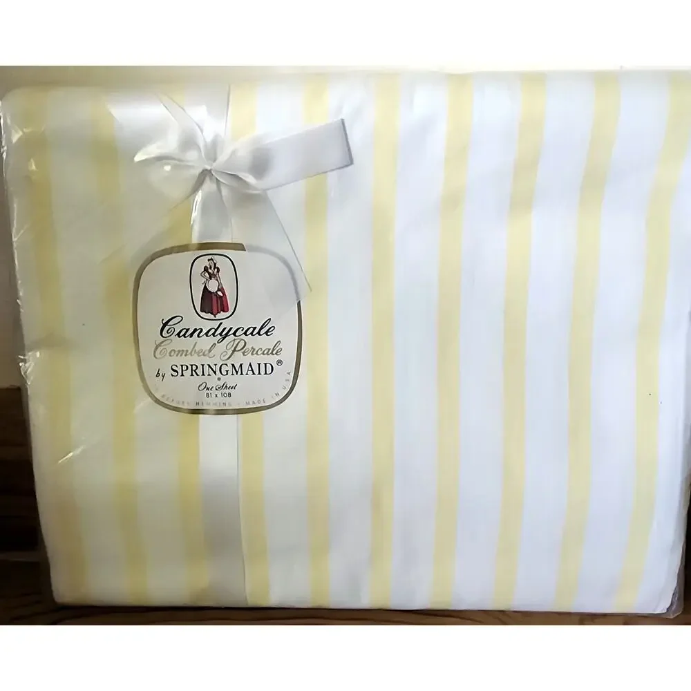 NOS Vintage Springmaid Candycale Combed Percale Flat Sheet 81x108 Yellow White